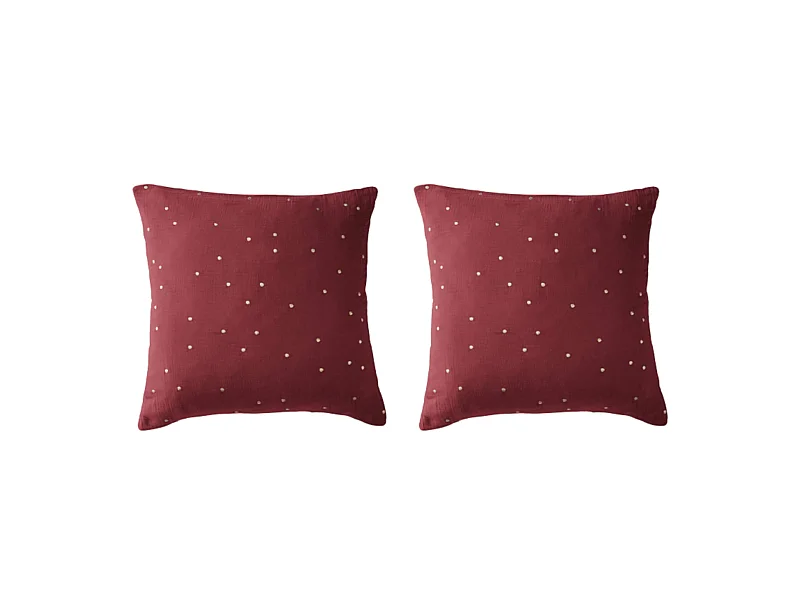 Lot de 2 taies d'oreillers à pois brodés double gaze de coton bordeaux 60x60