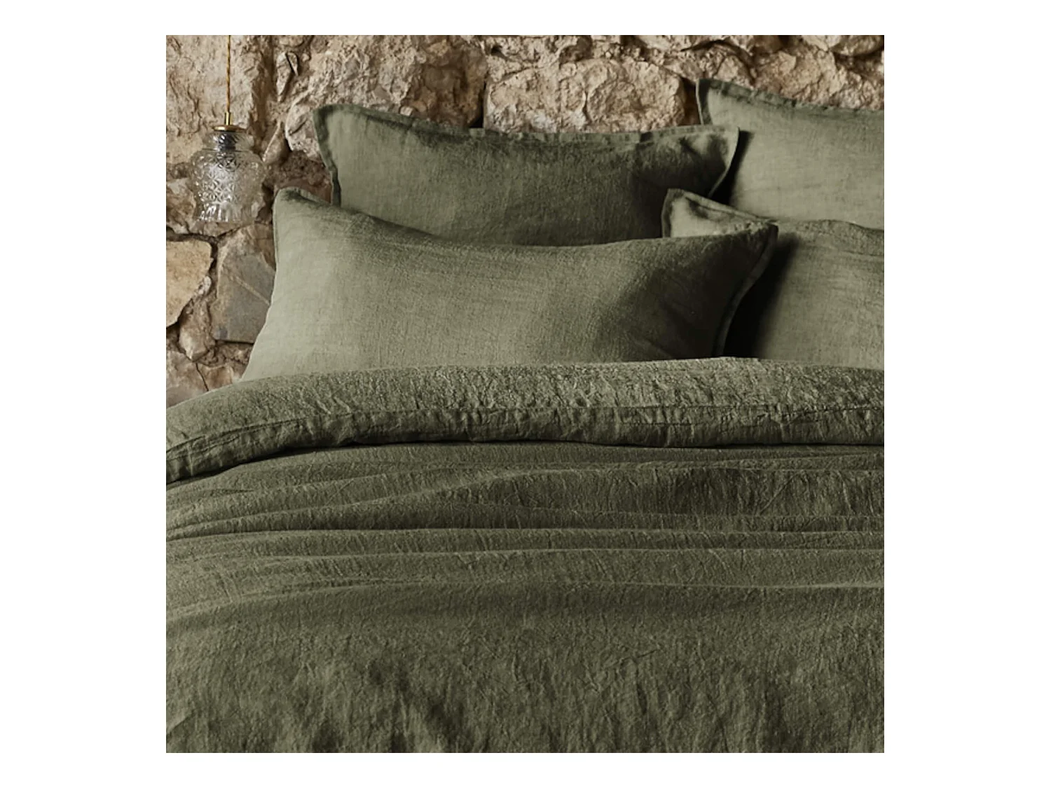 Taie d'oreiller lin lavé kaki 50x70