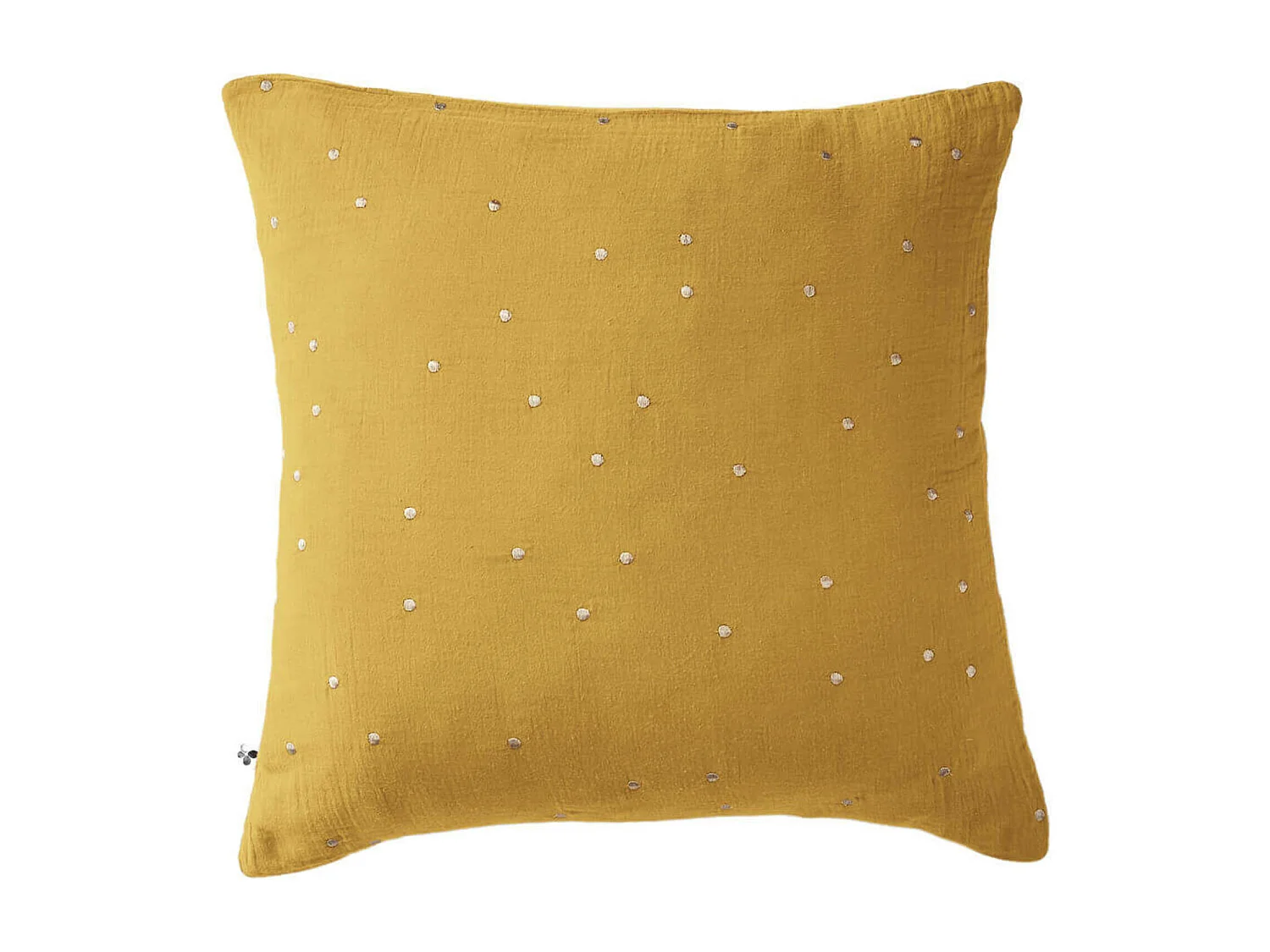 Taie d'oreiller à pois brodés double gaze de coton jaune safran 60x60 cm