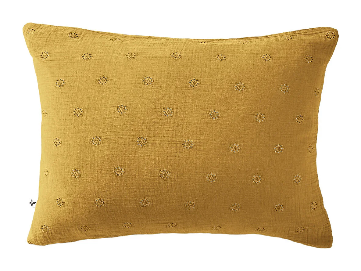 Taie d'oreiller brodée double gaze de coton jaune safran 50x70 cm
