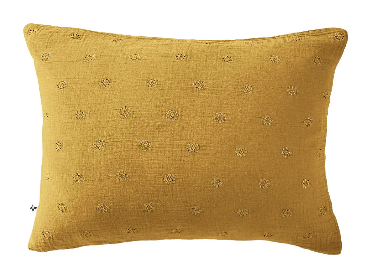 Taie d'oreiller brodée double gaze de coton jaune safran 50x70 cm