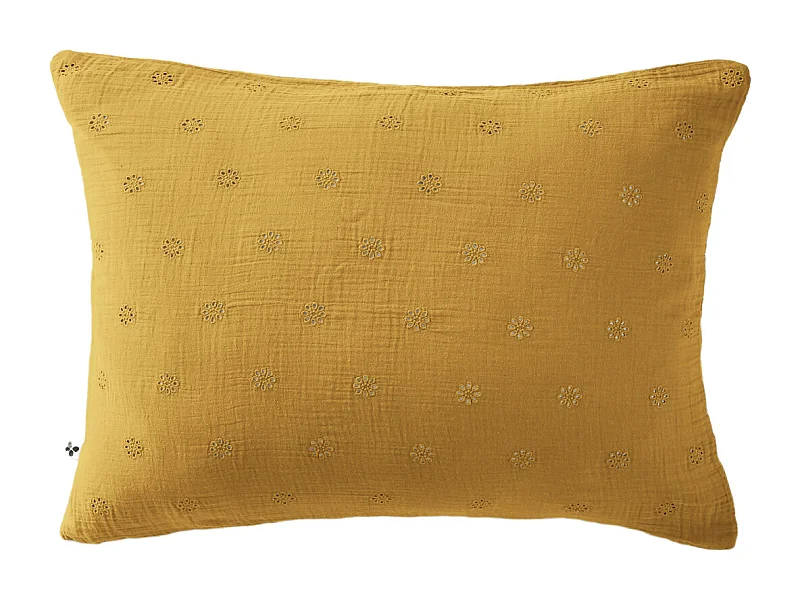 Taie d'oreiller brodée double gaze de coton jaune safran 50x70 cm