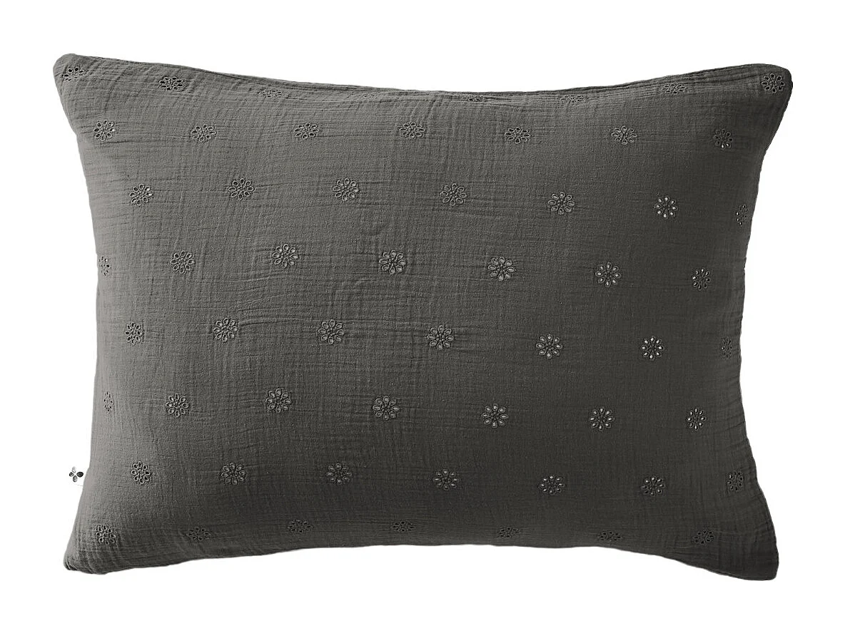 Taie d'oreiller brodée double gaze de coton gris anthracite 60x60 cm