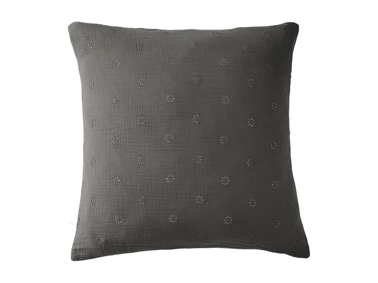 Taie d'oreiller brodée double gaze de coton gris anthracite 60x60 cm
