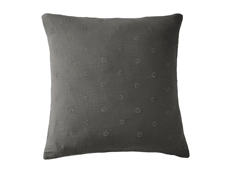 Taie d'oreiller brodée double gaze de coton gris anthracite 60x60 cm