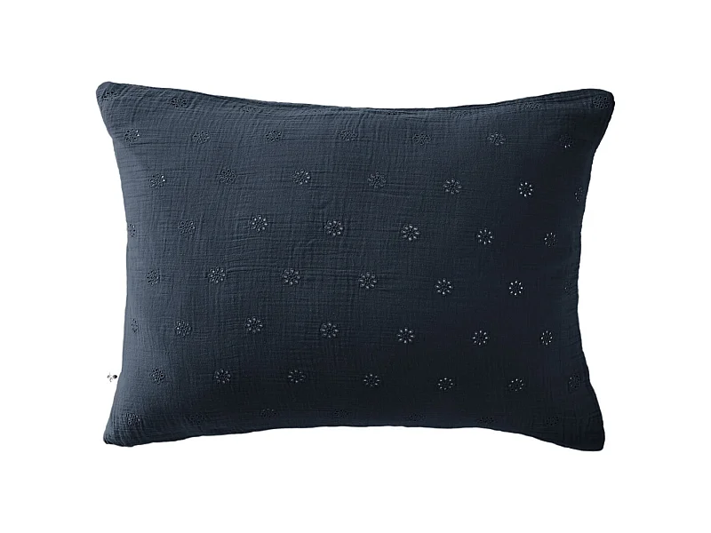 Taie d'oreiller brodée double gaze de coton marine 50x70 cm