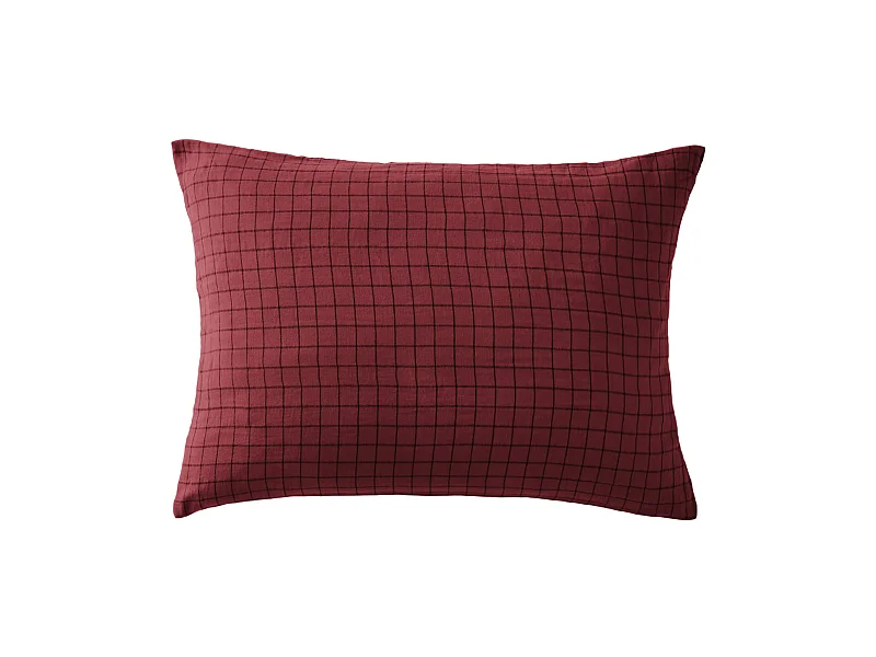 Taie d'oreiller à carreaux double gaze de coton bordeaux 50x70