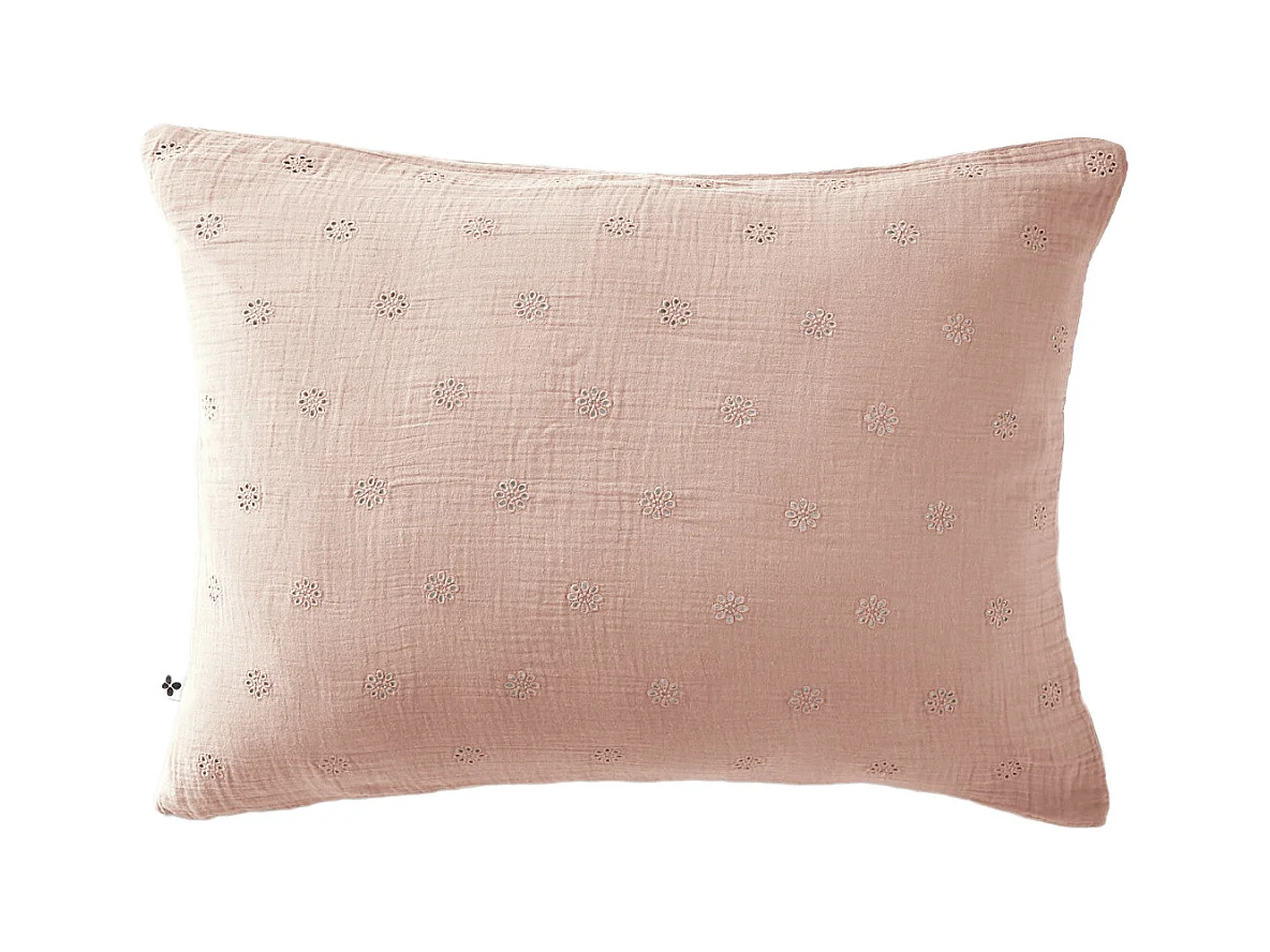Taie d'oreiller brodée double gaze de coton rose 50x70 cm