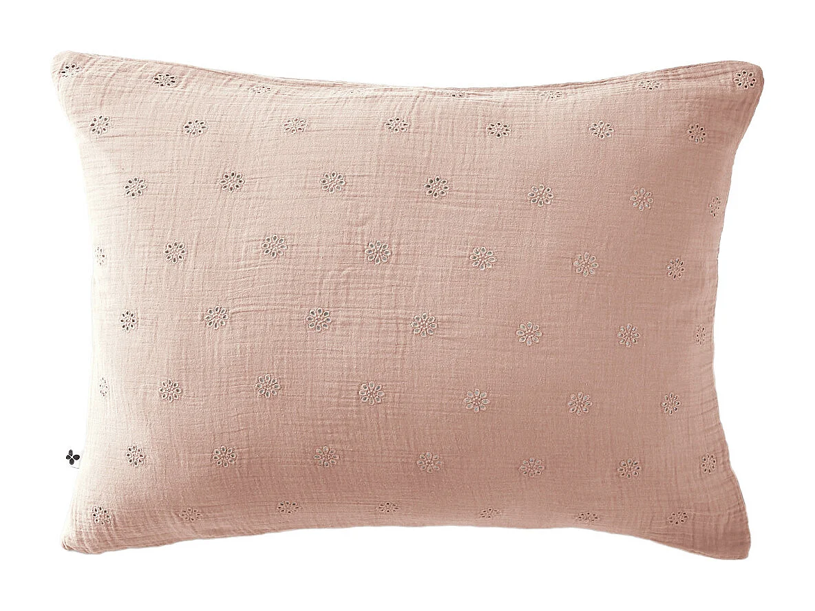 Taie d'oreiller brodée double gaze de coton rose 50x70 cm
