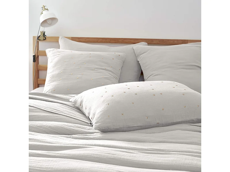 Taie d'oreiller à pois brodés double gaze de coton gris 60x60 cm