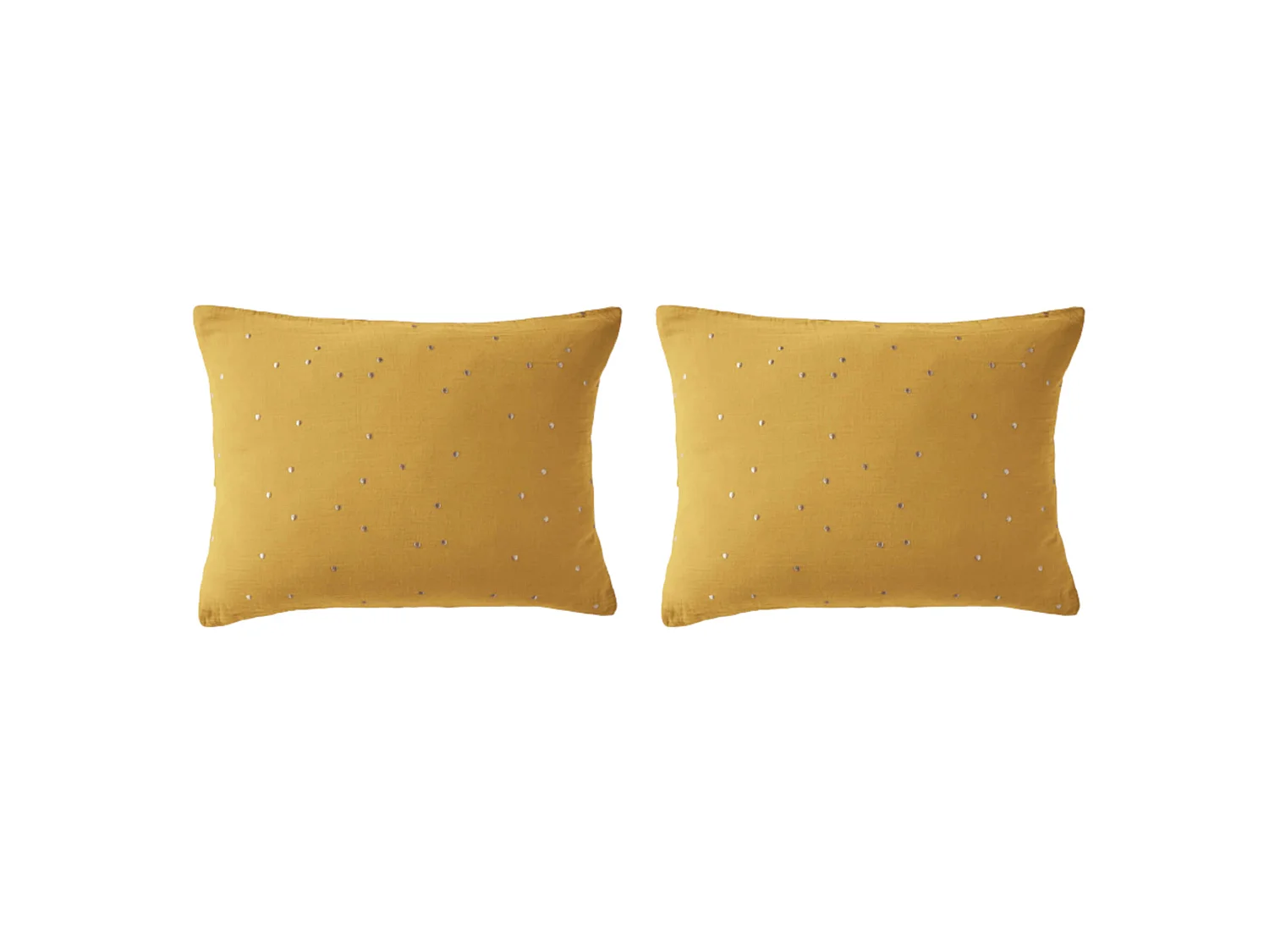 Lot de 2 taies d'oreillers à pois brodés double gaze de coton jaune safran 50x70