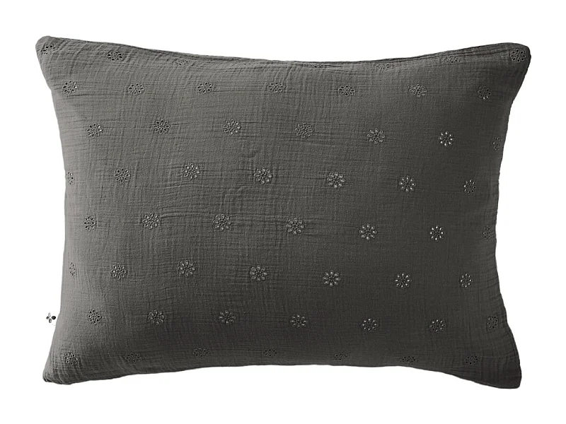 Taie d'oreiller brodée double gaze de coton gris anthracite 50x70 cm