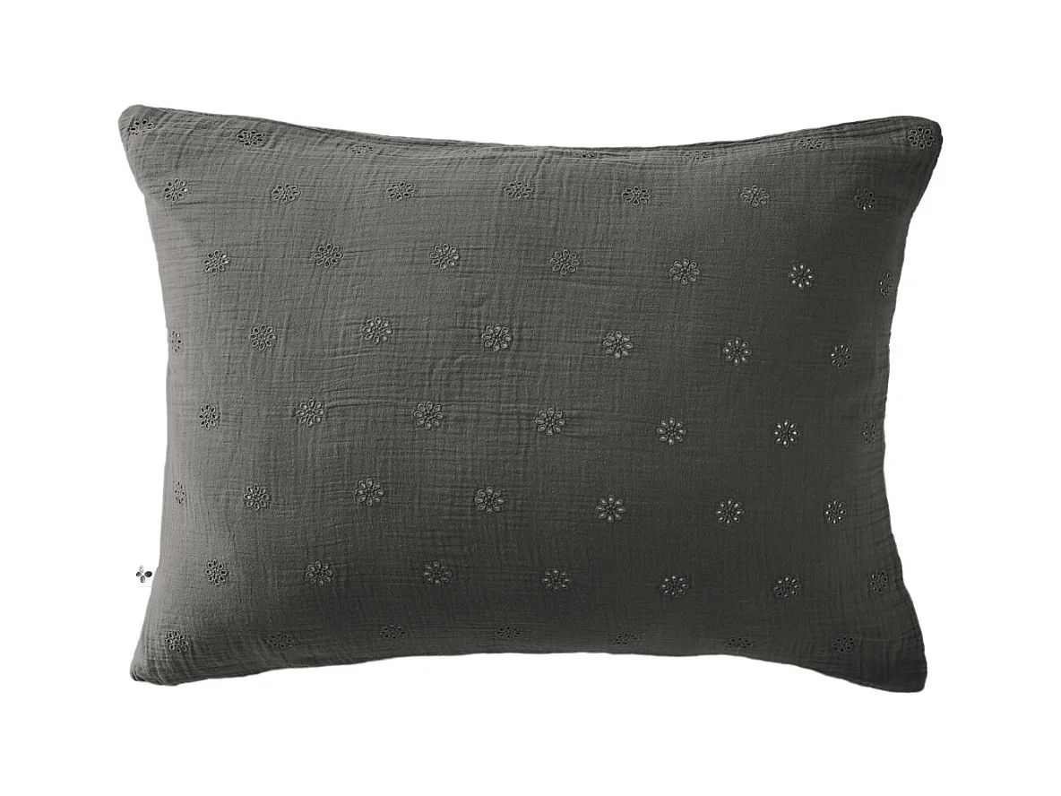 Taie d'oreiller brodée double gaze de coton gris anthracite 50x70 cm