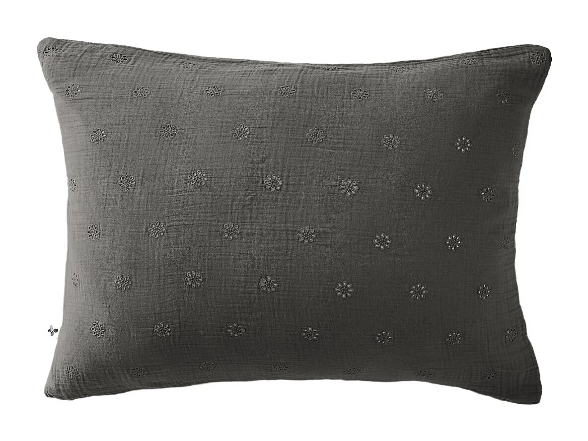 Taie d'oreiller brodée double gaze de coton gris anthracite 50x70 cm