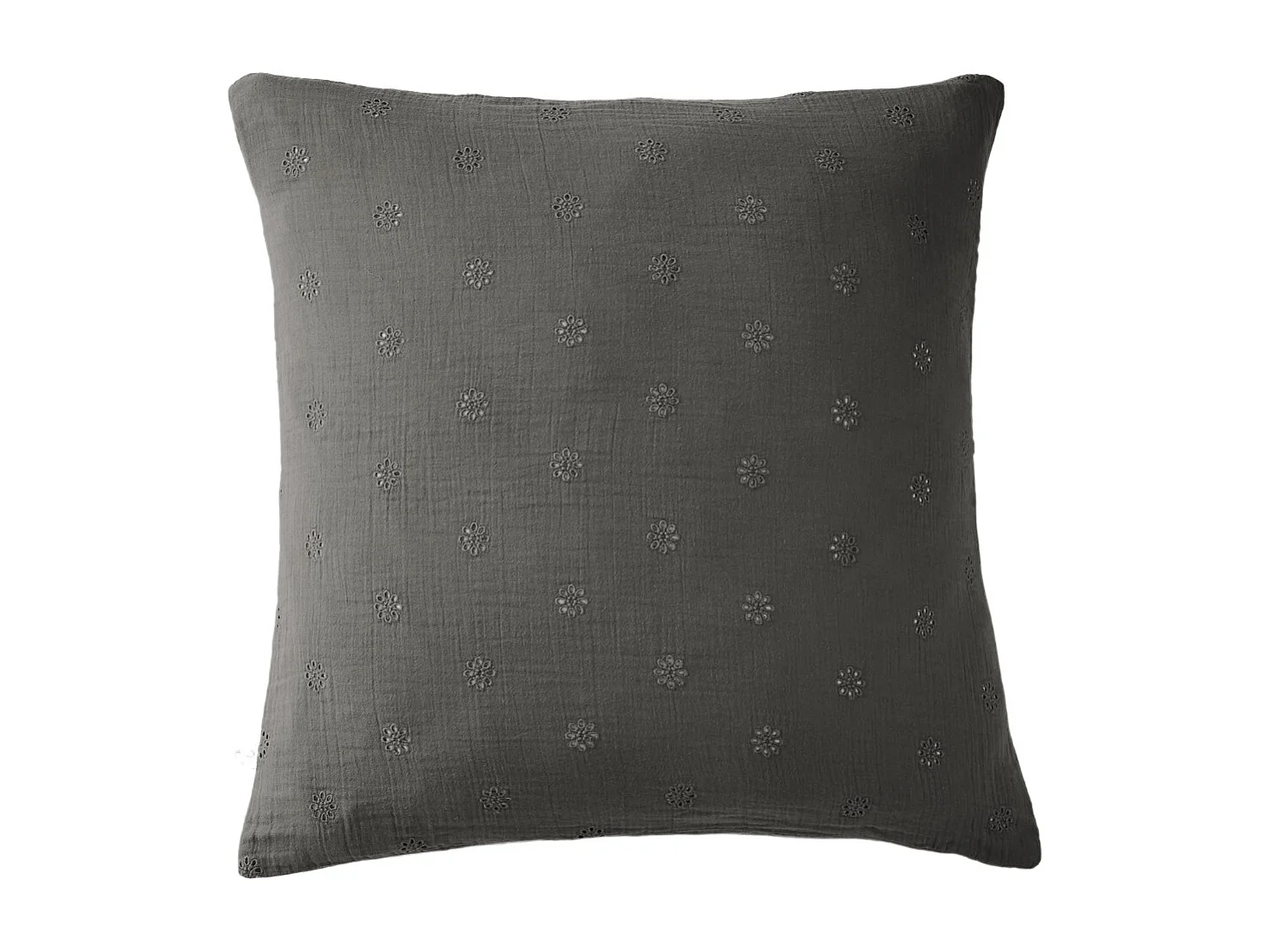 Taie d'oreiller brodée double gaze de coton gris anthracite 50x70 cm