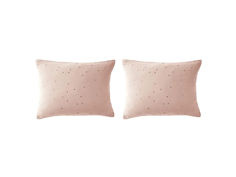 Lot de 2 taies d'oreillers à pois brodés double gaze de coton rose 50x70
