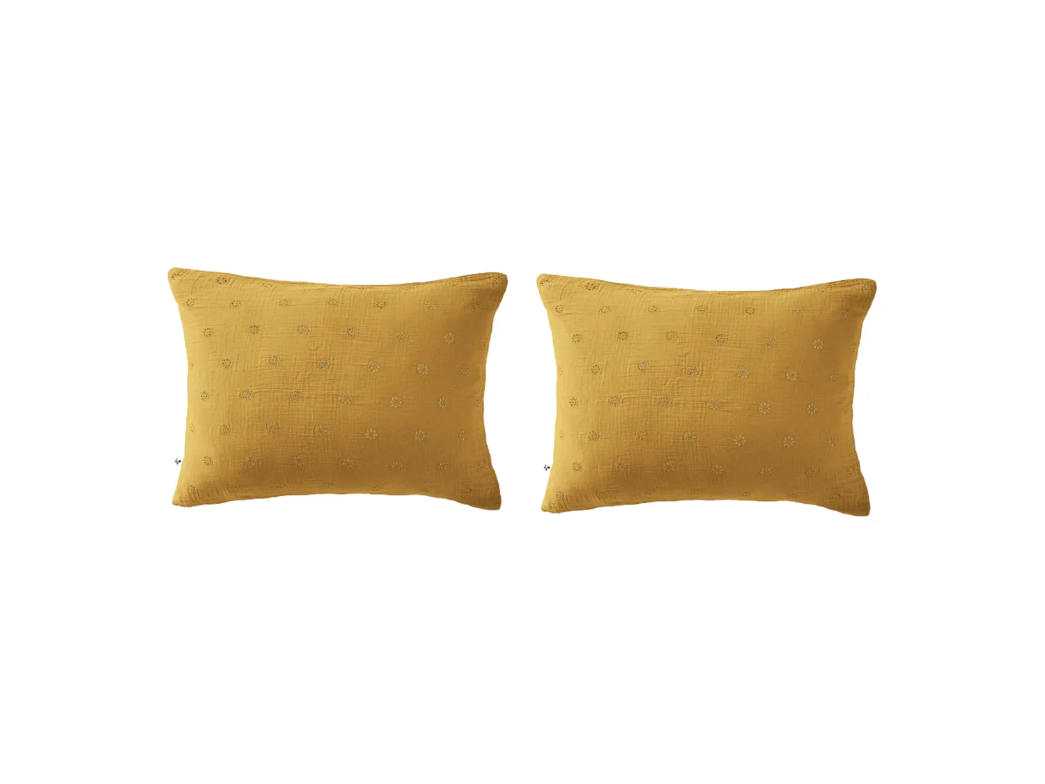 Lot de 2 taies d'oreillers brodées double gaze de coton jaune safran 50x70