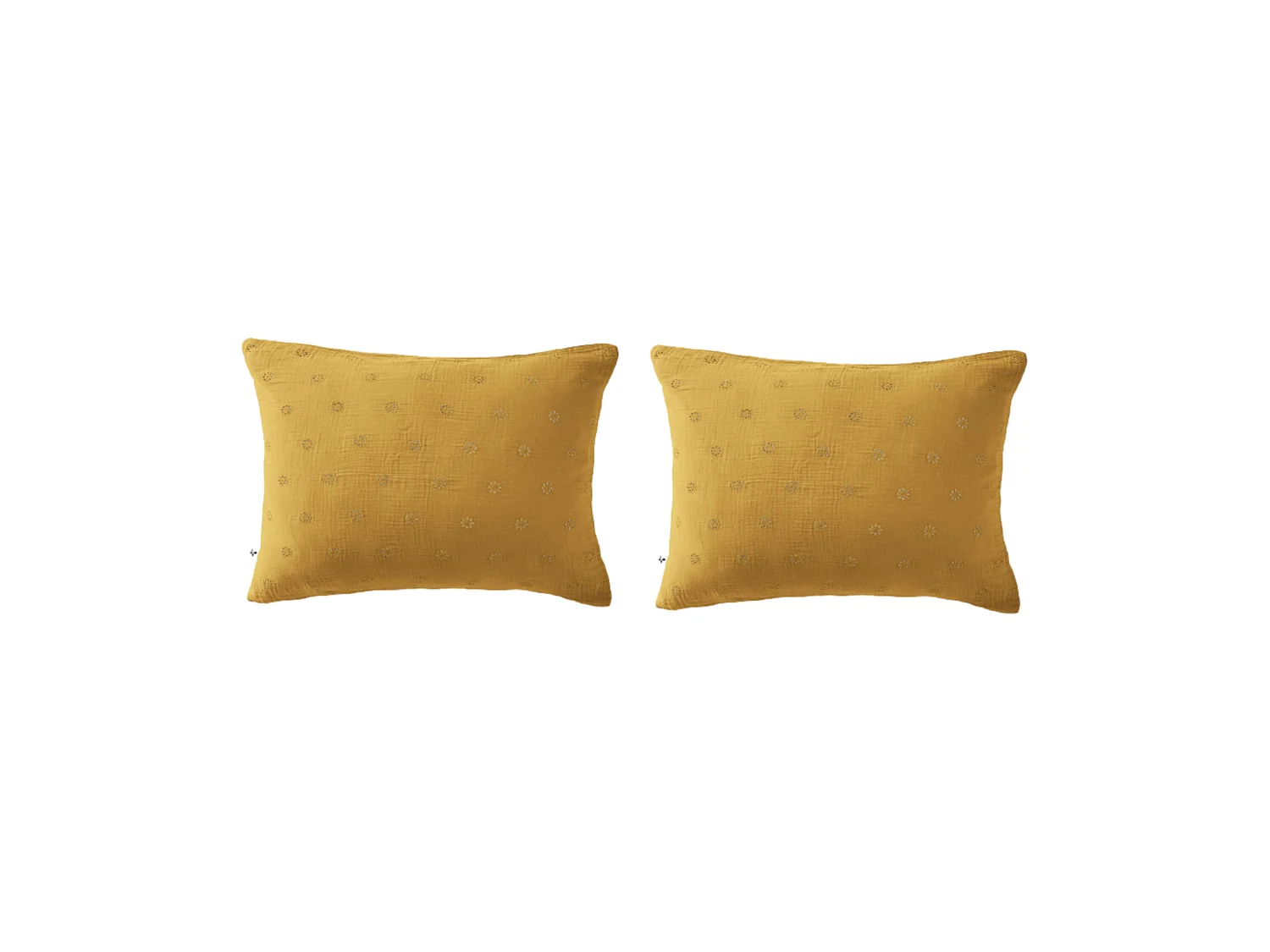 Lot de 2 taies d'oreillers brodées double gaze de coton jaune safran 50x70