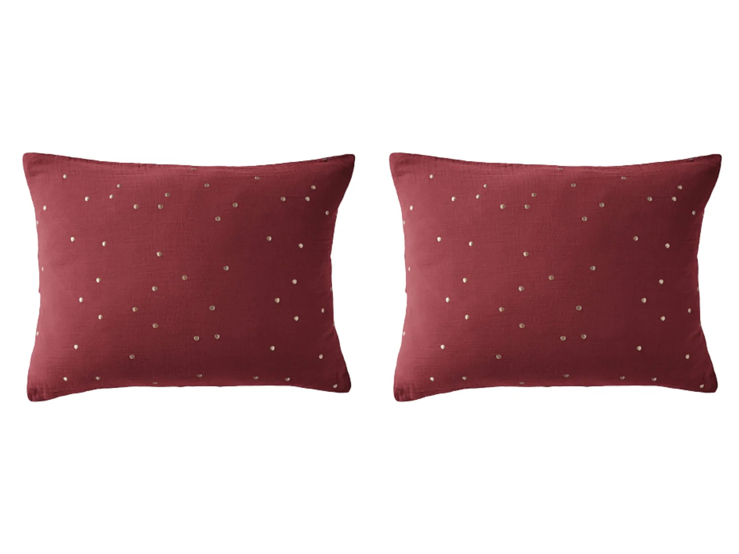 Lot de 2 taies d'oreillers à pois brodés double gaze de coton bordeaux 50x70