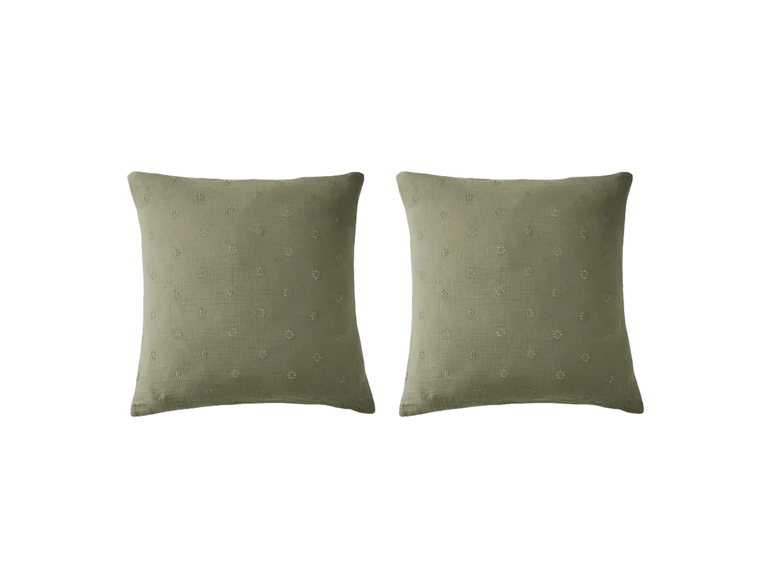 Lot de 2 taies d'oreillers brodées double gaze de coton kaki 60x60