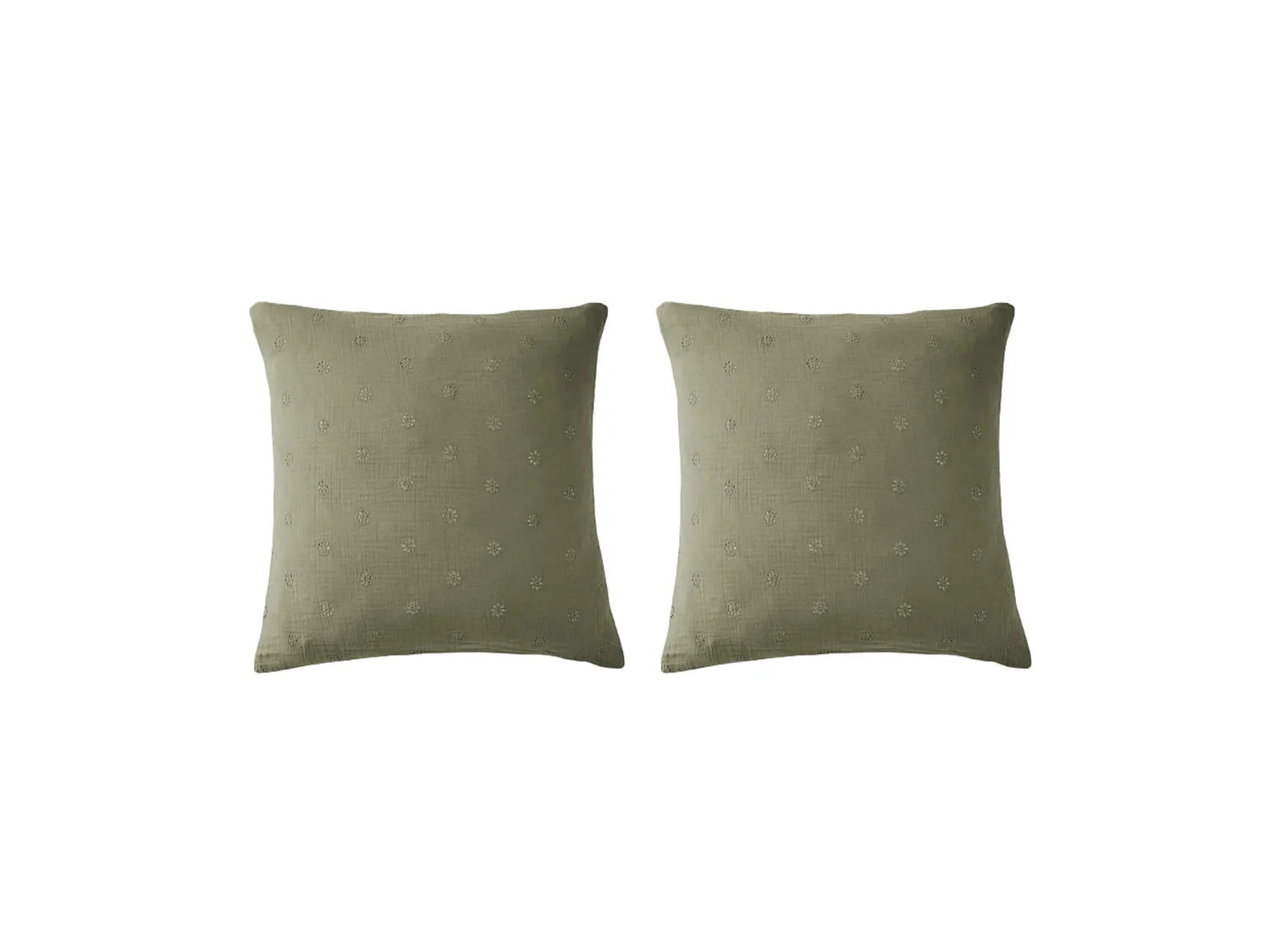 Lot de 2 taies d'oreillers brodées double gaze de coton kaki 60x60