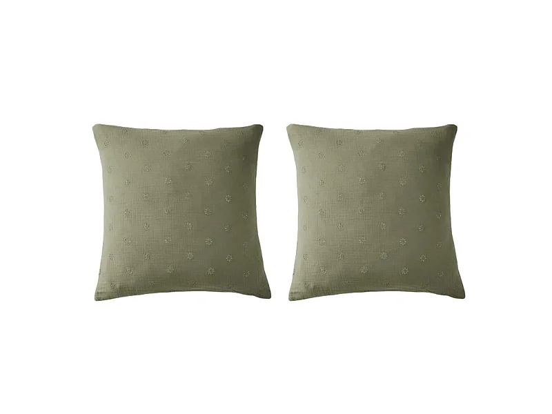 Lot de 2 taies d'oreillers brodées double gaze de coton kaki 60x60