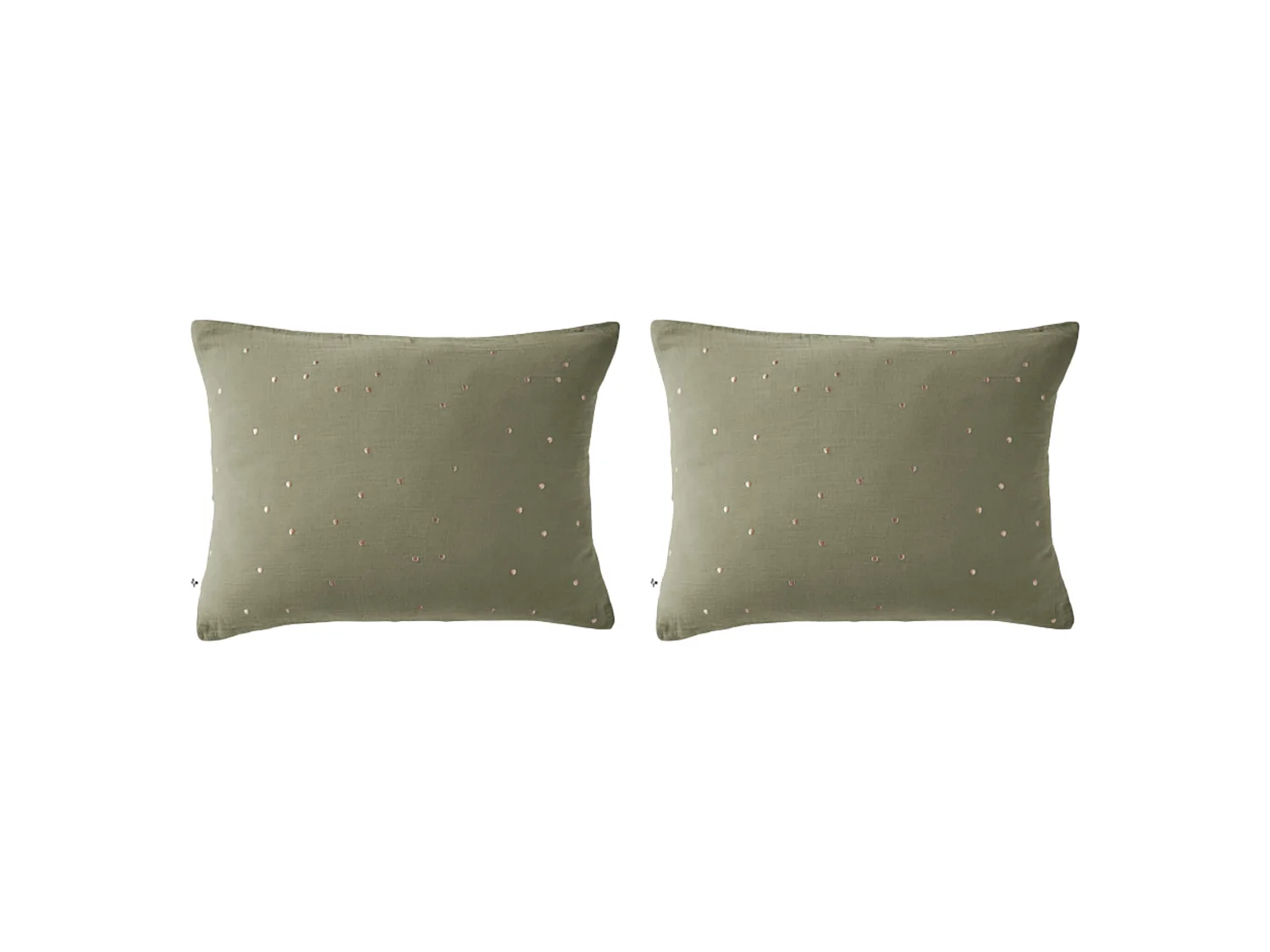 Lot de 2 taies d'oreillers à pois brodés double gaze de coton kaki 50x70