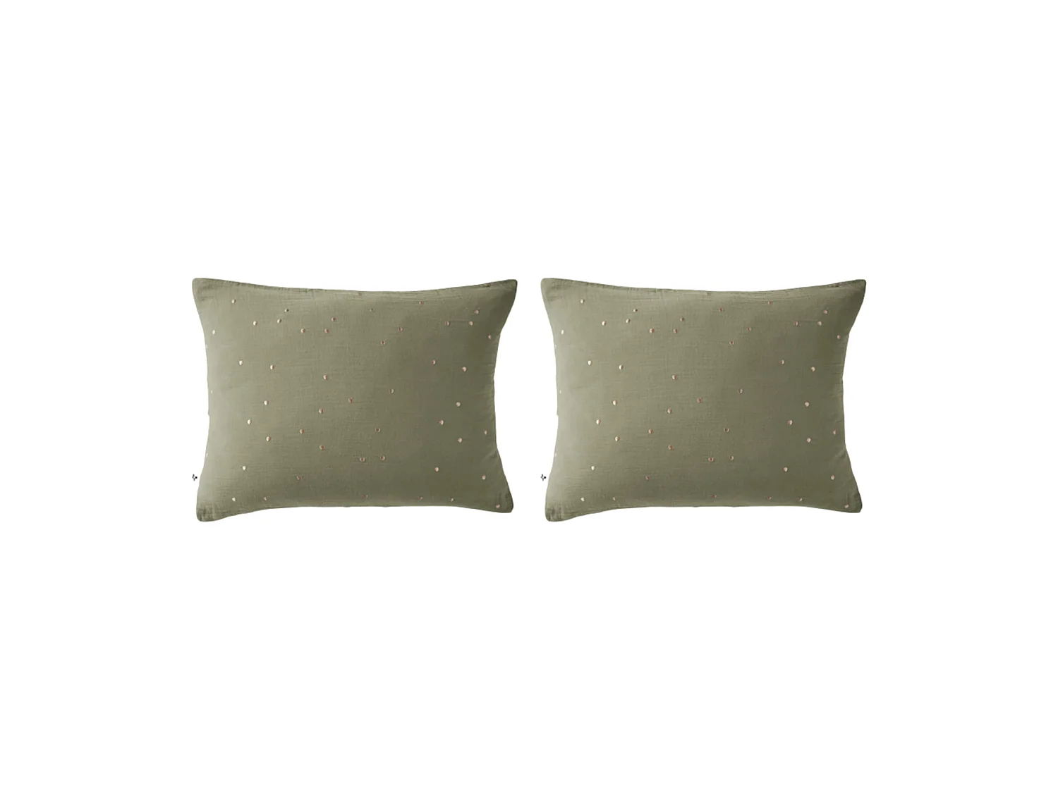 Lot de 2 taies d'oreillers à pois brodés double gaze de coton kaki 50x70