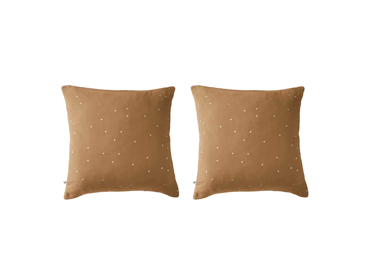 Lot de 2 taies d'oreillers à pois brodés double gaze de coton marron 60x60