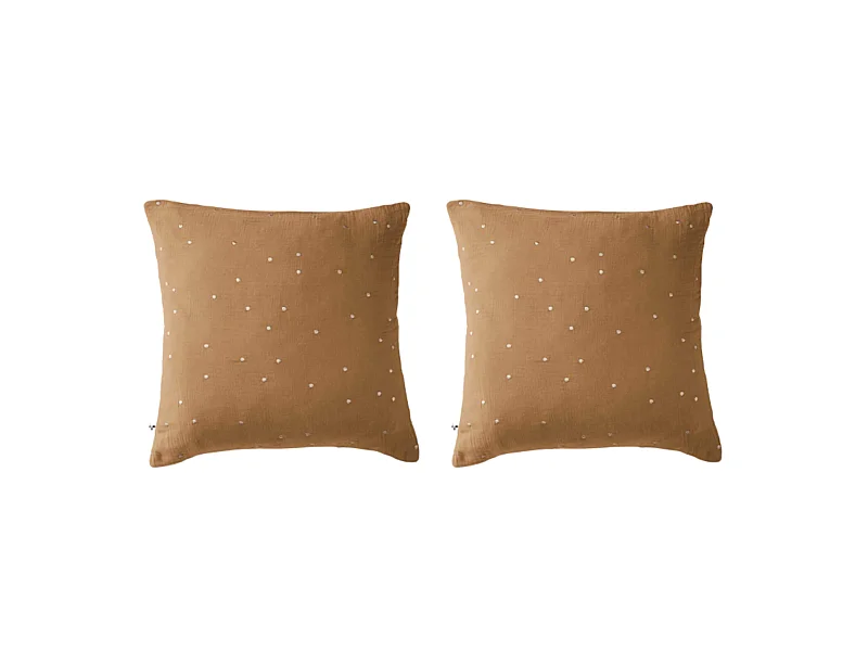 Lot de 2 taies d'oreillers à pois brodés double gaze de coton marron 60x60