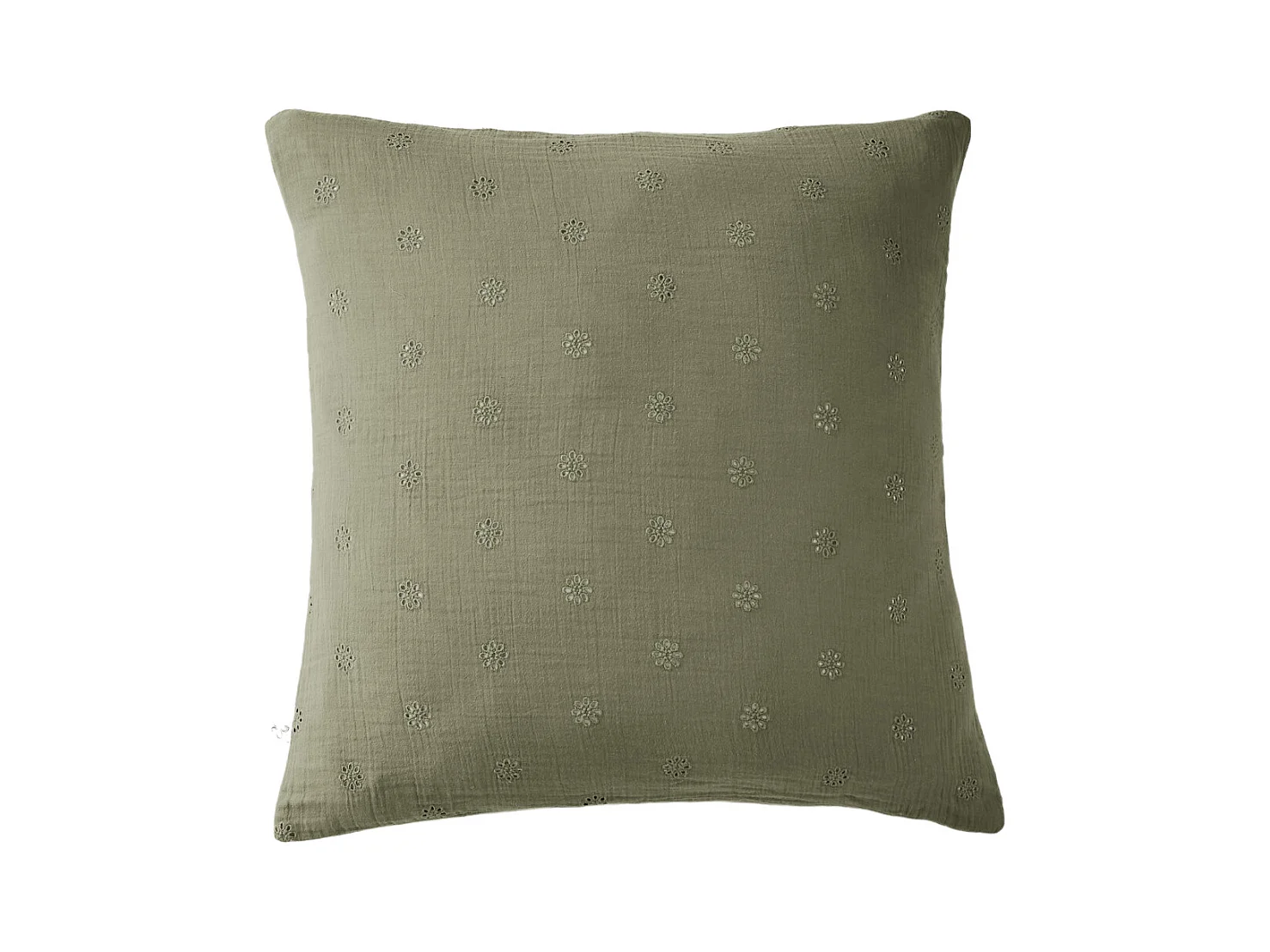 Taie d'oreiller brodée double gaze de coton kaki 60x60 cm