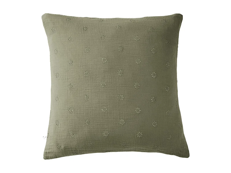 Taie d'oreiller brodée double gaze de coton kaki 60x60 cm