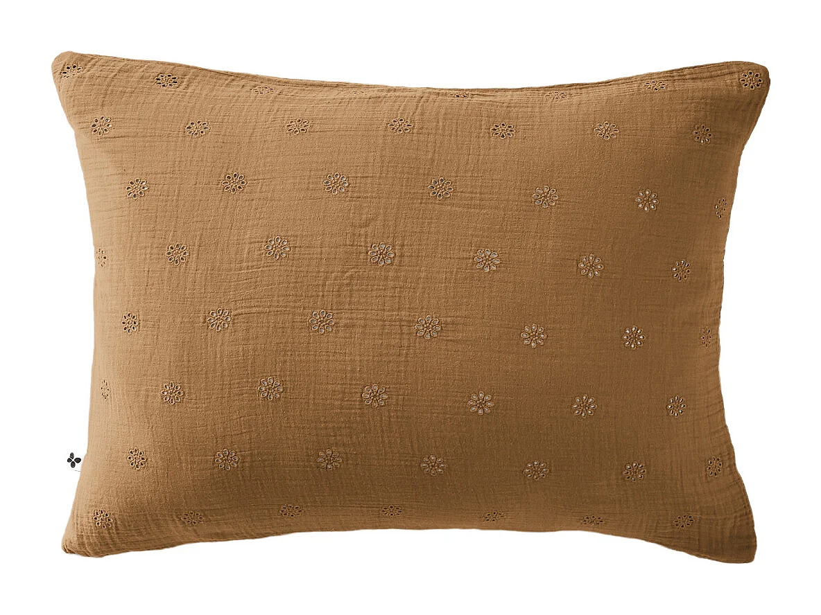 Taie d'oreiller brodée double gaze de coton marron 50x70 cm
