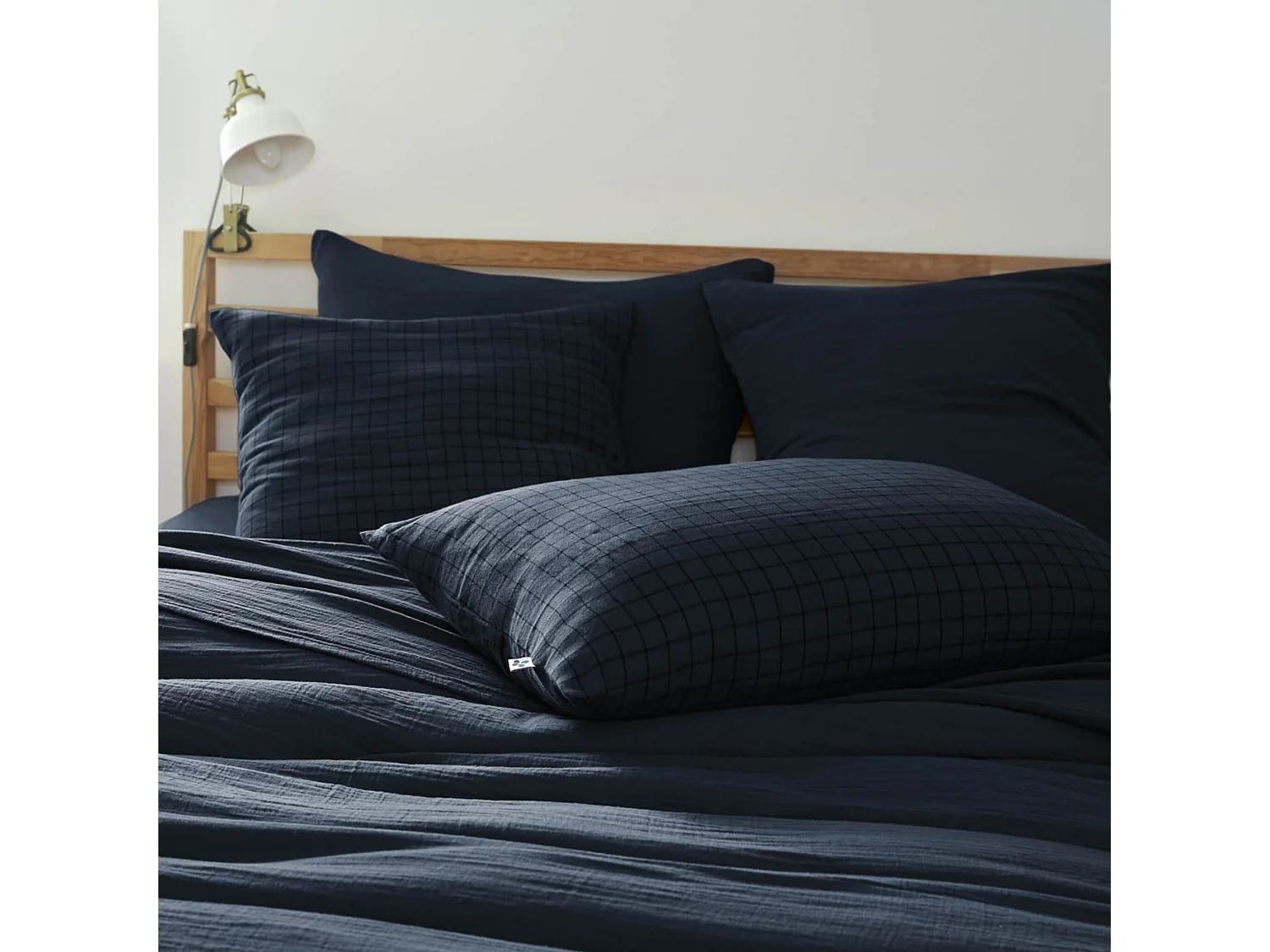 Taie d'oreiller à carreaux double gaze de coton marine 60x60