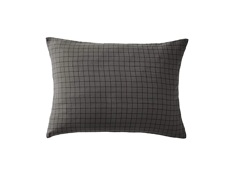 Taie d'oreiller à carreaux double gaze de coton anthracite 50x70