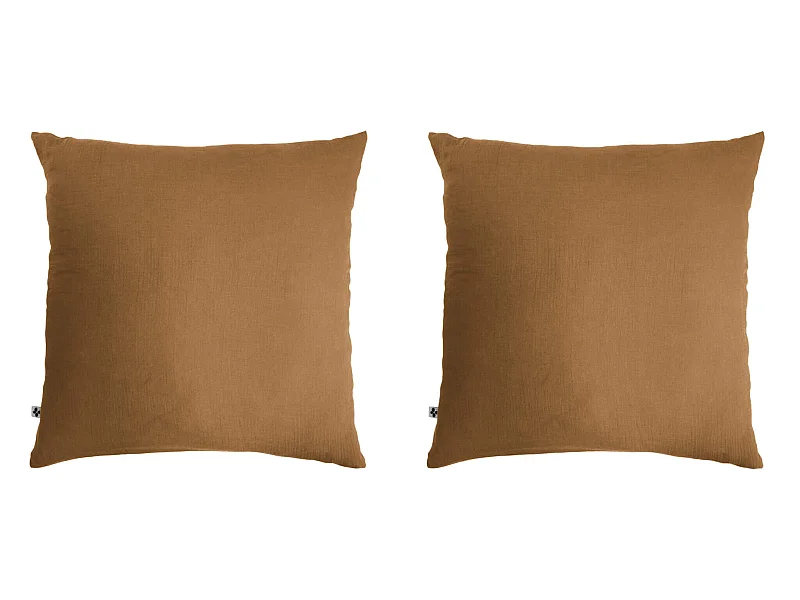 Lot de 2 taies d'oreillers double gaze de coton marron 60x60 cm