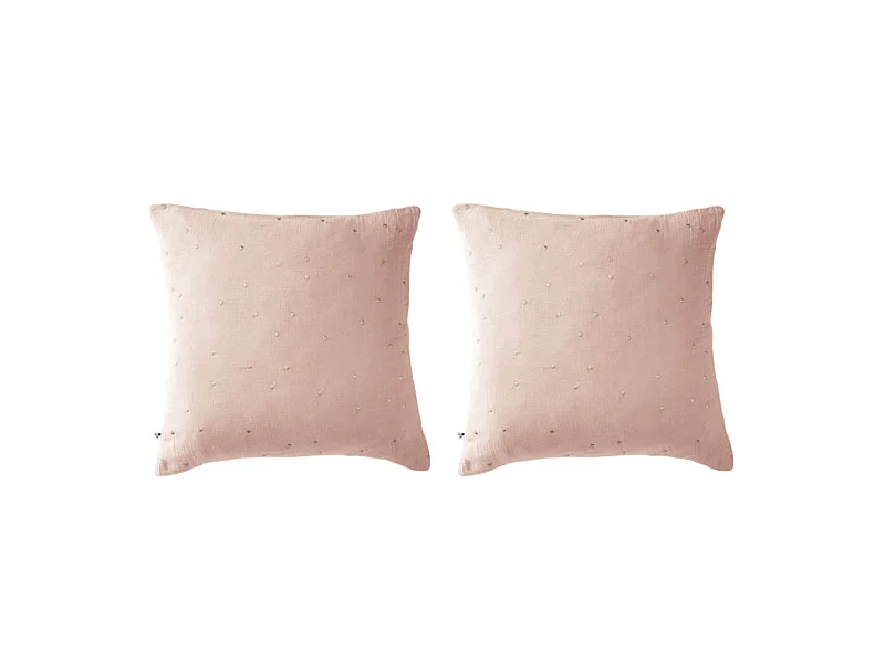 Lot de 2 taies d'oreillers à pois brodés double gaze de coton rose 60x60
