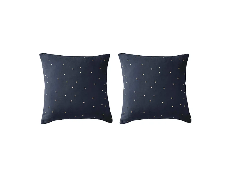 Lot de 2 taies d'oreillers à pois brodés double gaze de coton marine 60x60