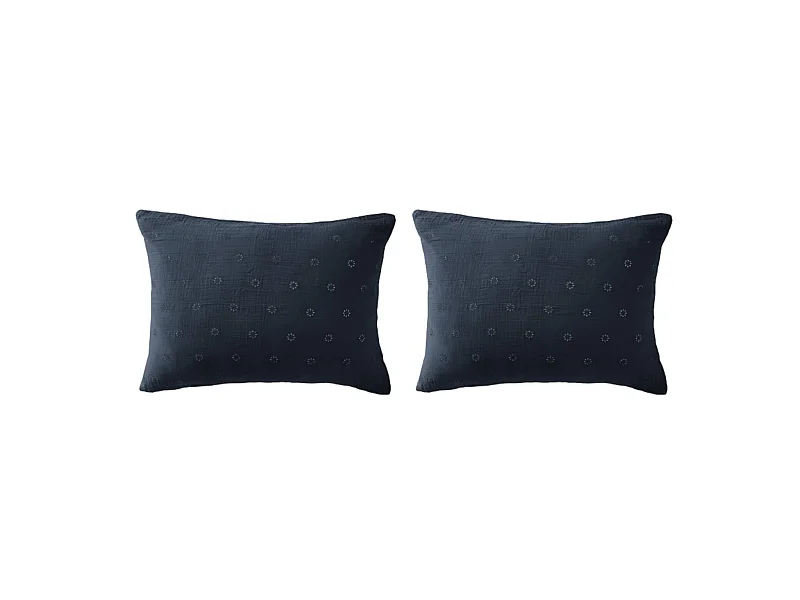 Lot de 2 taies d'oreillers brodées double gaze de coton marine 50x70