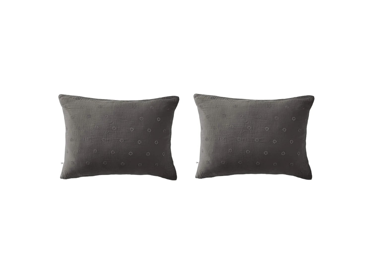 Lot de 2 taies d'oreillers brodées double gaze de coton gris anthracite 50x70