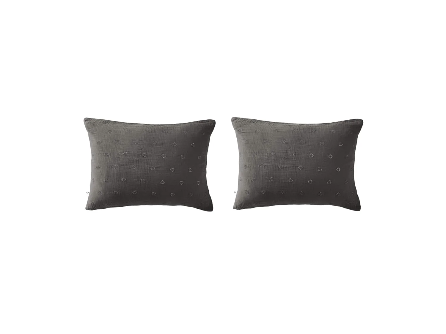 Lot de 2 taies d'oreillers brodées double gaze de coton gris anthracite 50x70