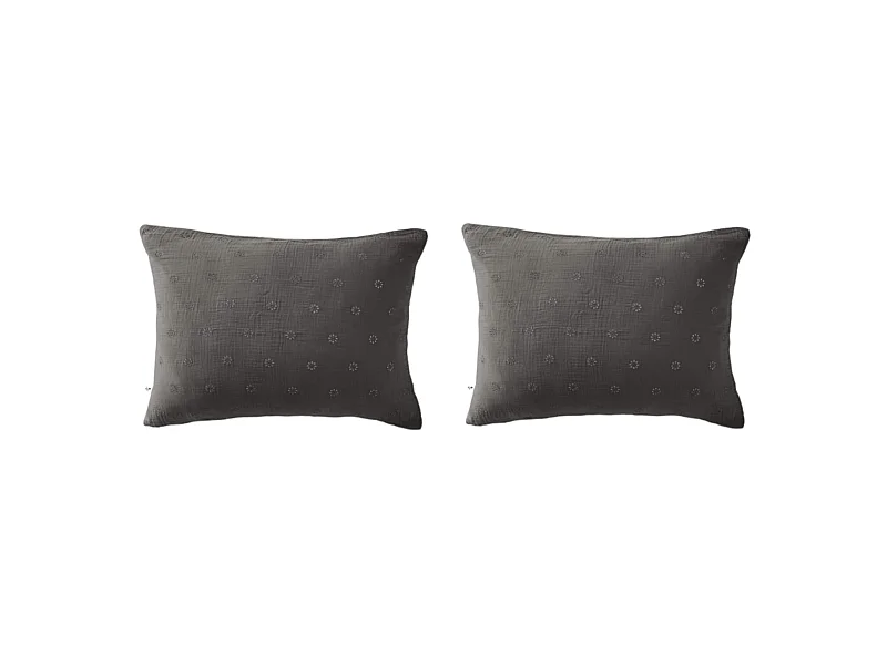 Lot de 2 taies d'oreillers brodées double gaze de coton gris anthracite 50x70