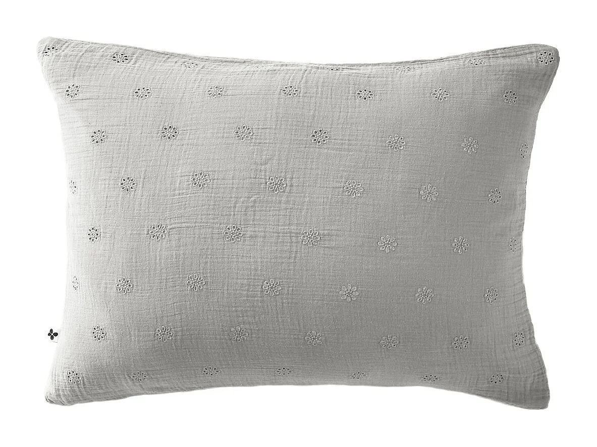 Taie d'oreiller brodée double gaze de coton gris 50x70 cm