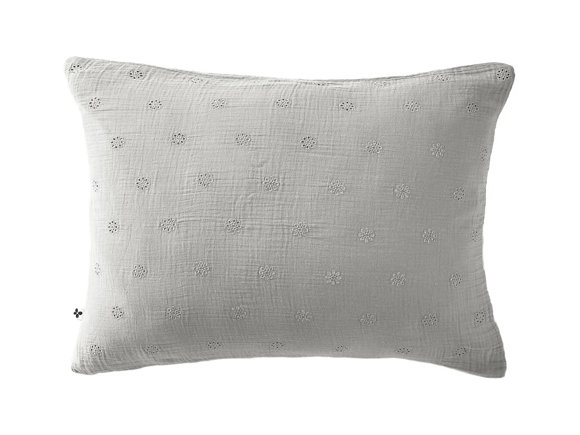 Taie d'oreiller brodée double gaze de coton gris 50x70 cm