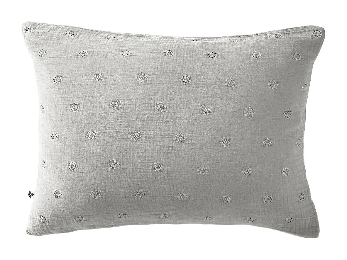 Taie d'oreiller brodée double gaze de coton gris 50x70 cm