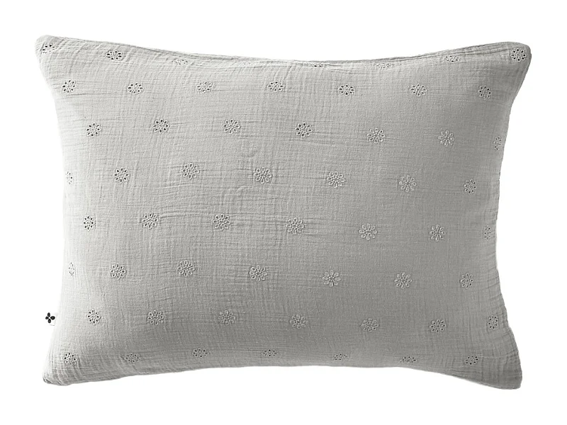 Taie d'oreiller brodée double gaze de coton gris 50x70 cm