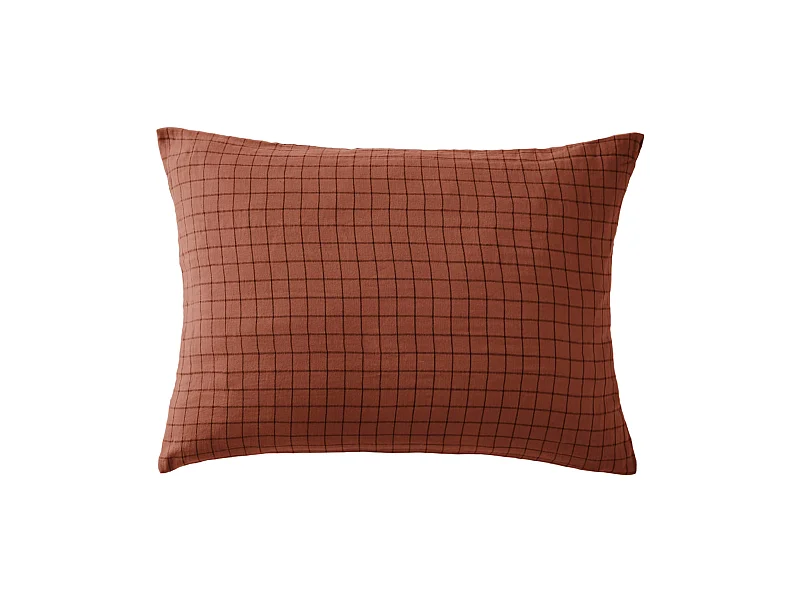 Taie d'oreiller à carreaux double gaze de coton orange 50x70