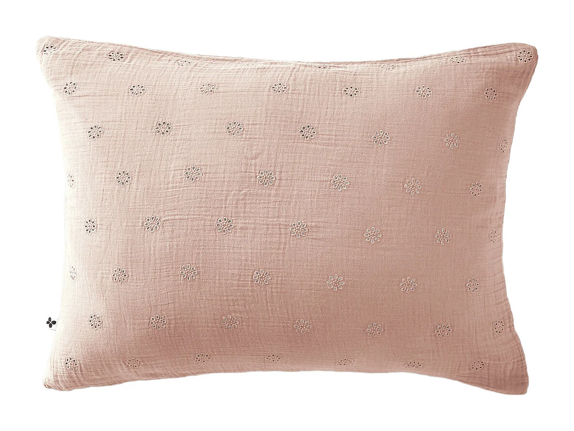 Taie d'oreiller brodée double gaze de coton rose 60x60 cm