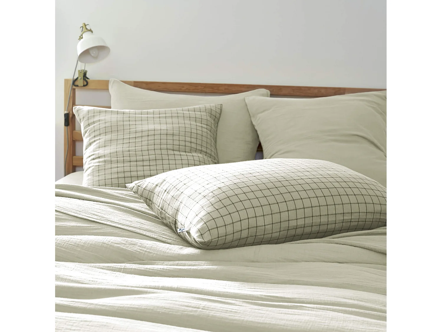 Taie d'oreiller à carreaux double gaze de coton vert d'eau 50x70