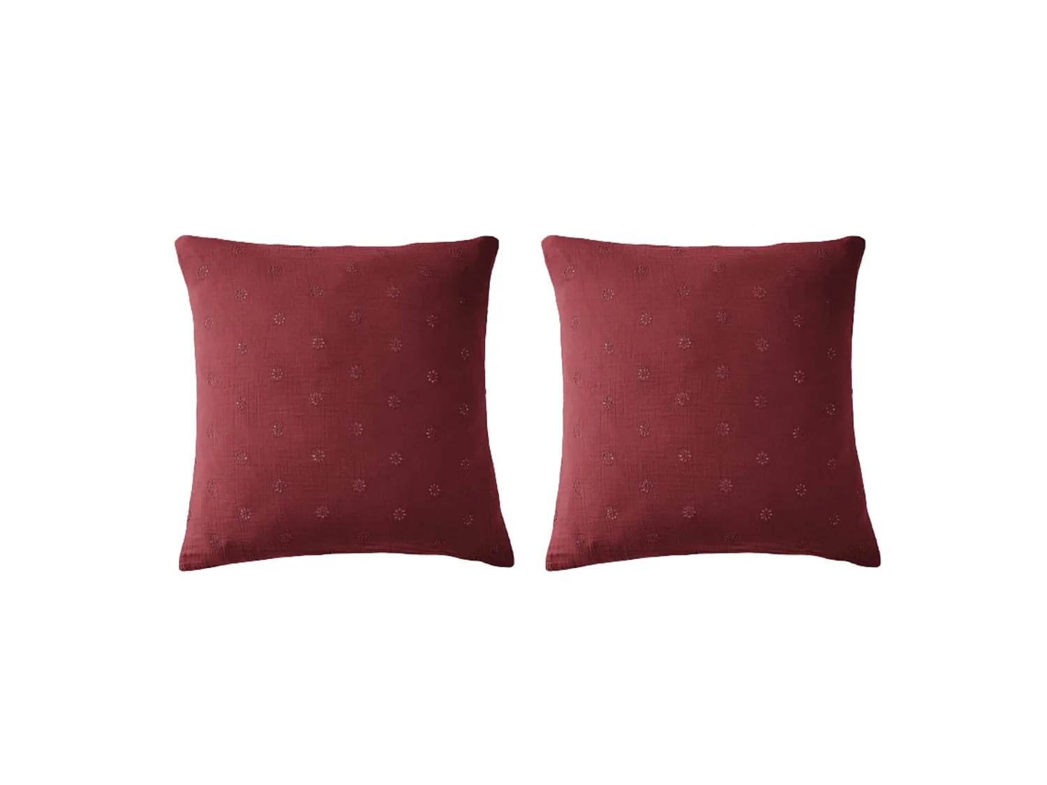 Lot de 2 taies d'oreillers brodées double gaze de coton bordeaux 60x60